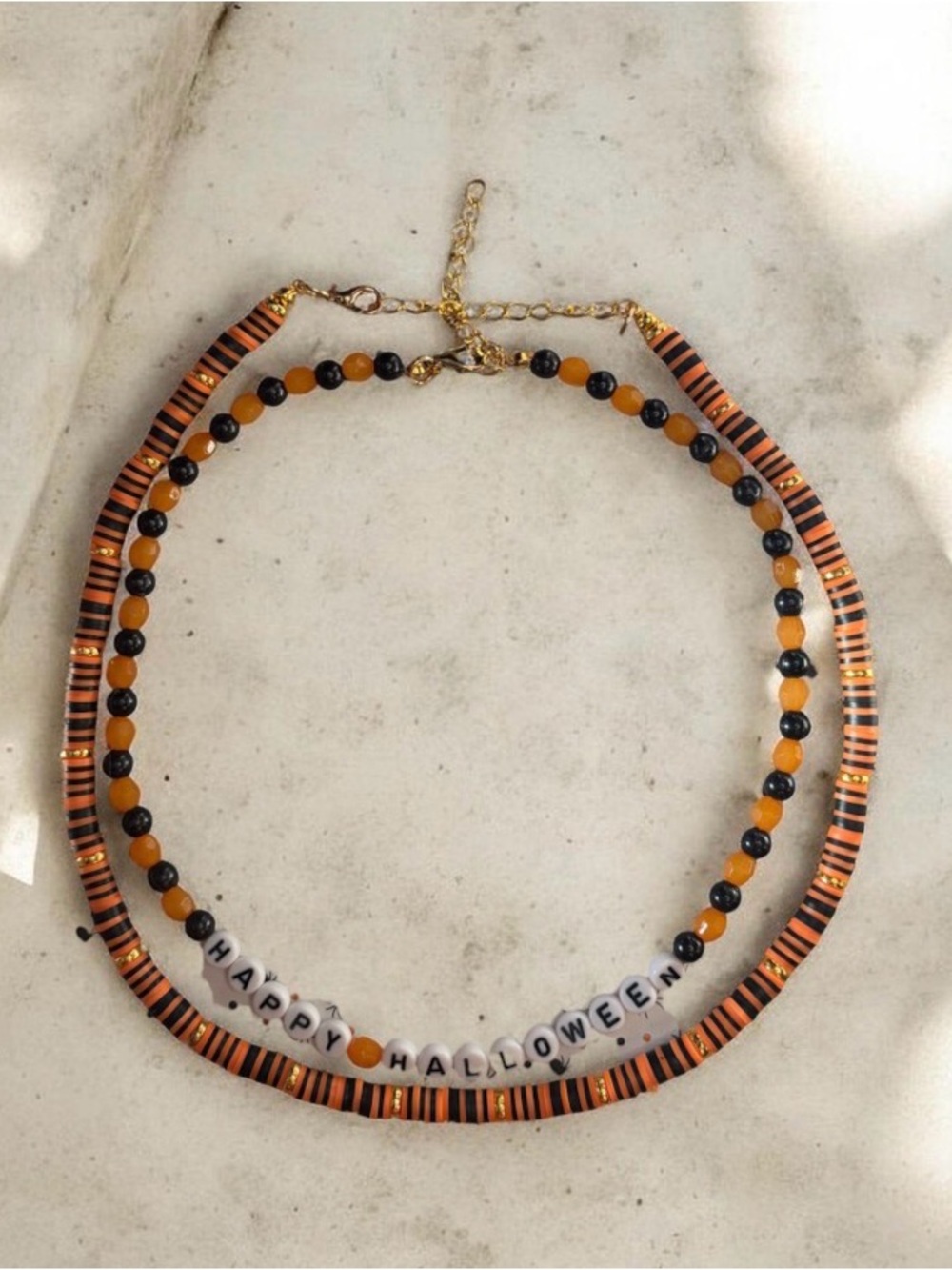 Halloween Beaded Double Necklace in Orange & Black